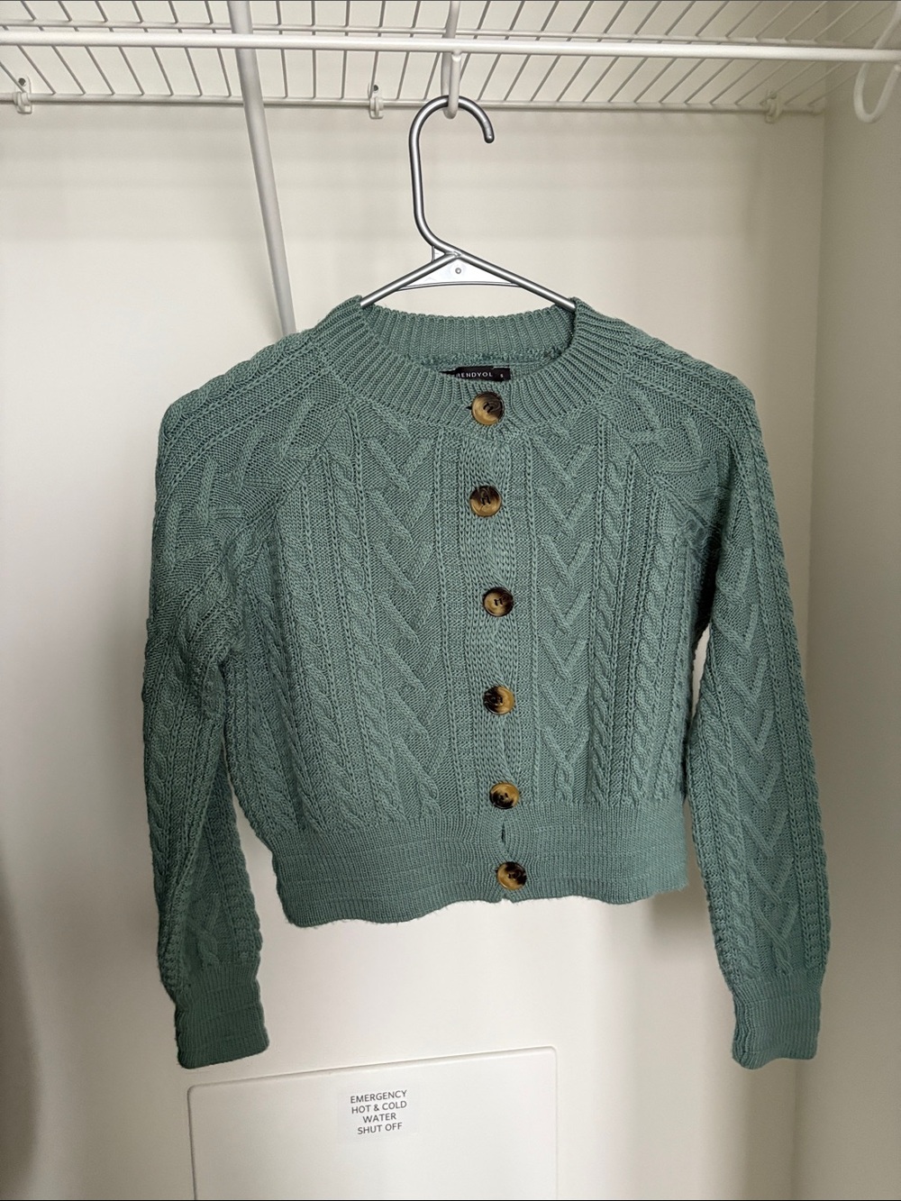 Cable Knit Button-Front Crop Sweater - Sage Green